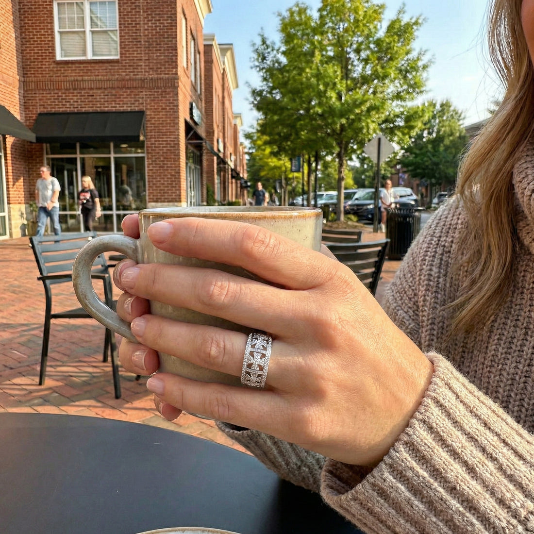 Diamond Cross Band Ring | 14K White Gold | Pavé Round Diamond Ring | Faith-Inspired Design - Brownee Jewelers