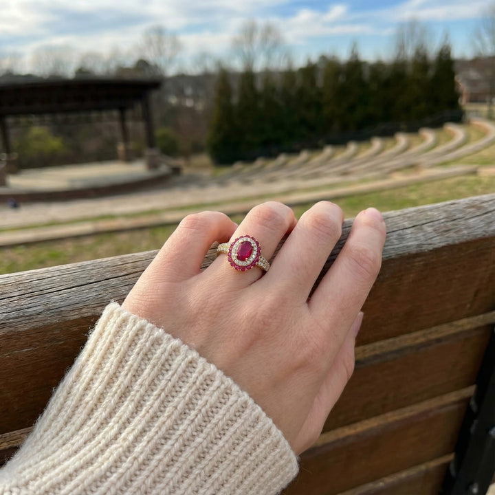 Le Vian® Passion Ruby™ & Vanilla Diamonds® Halo Ring – 14K Honey Gold™ Radiant and richly romantic, this stunning ring by Le Vian showcases a vivid oval Passion Ruby™ framed by a luminous double halo of sparkling Vanilla Diamonds®