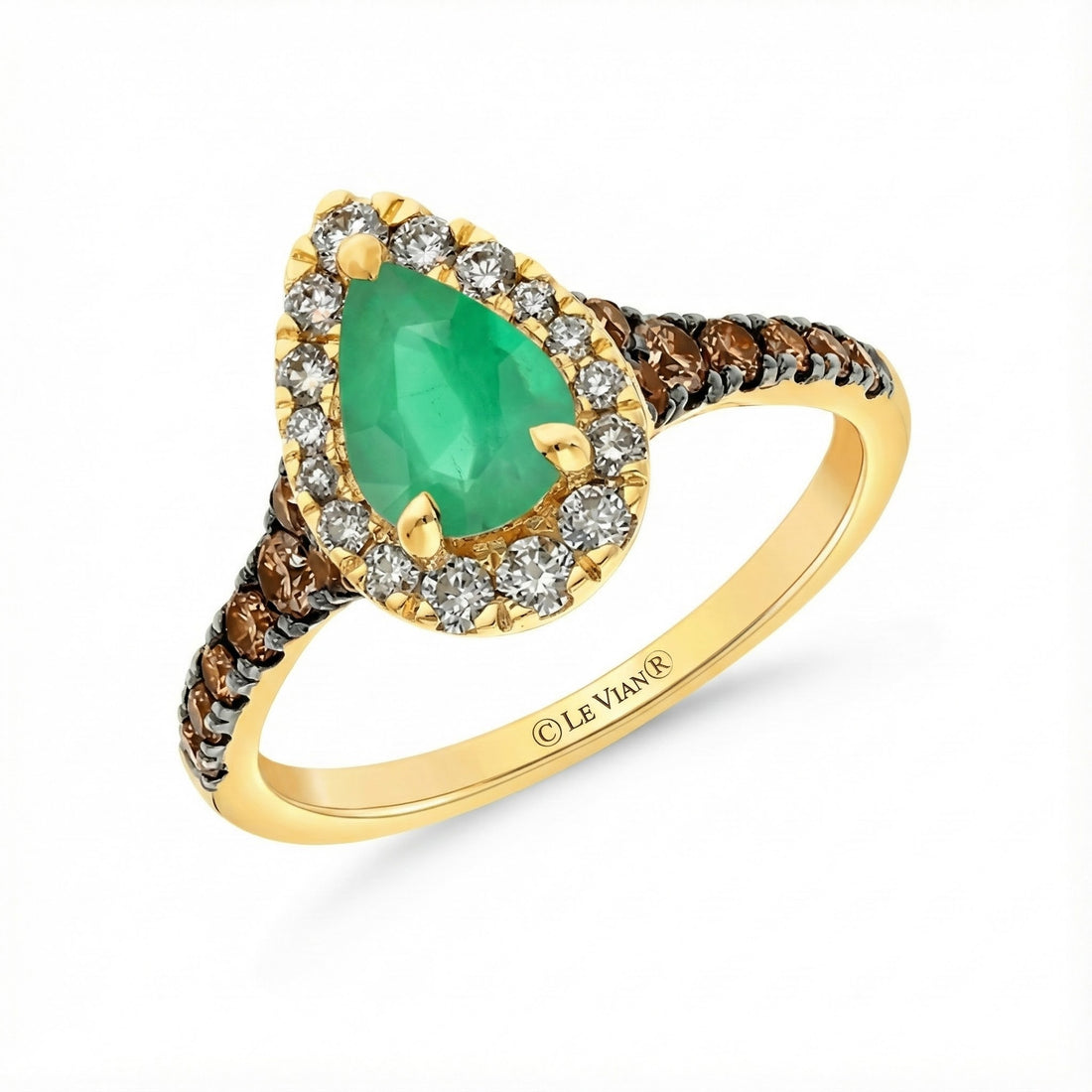 Le Vian® 14K Honey Gold™ Costa Smeralda Emerald™ Ring with Nude & Chocolate Diamonds® (0.95ctw) This captivating Le Vian® ring highlights a vivid 1/2 ct. Costa Smeralda Emerald™—a lush, vibrant green that takes center stage