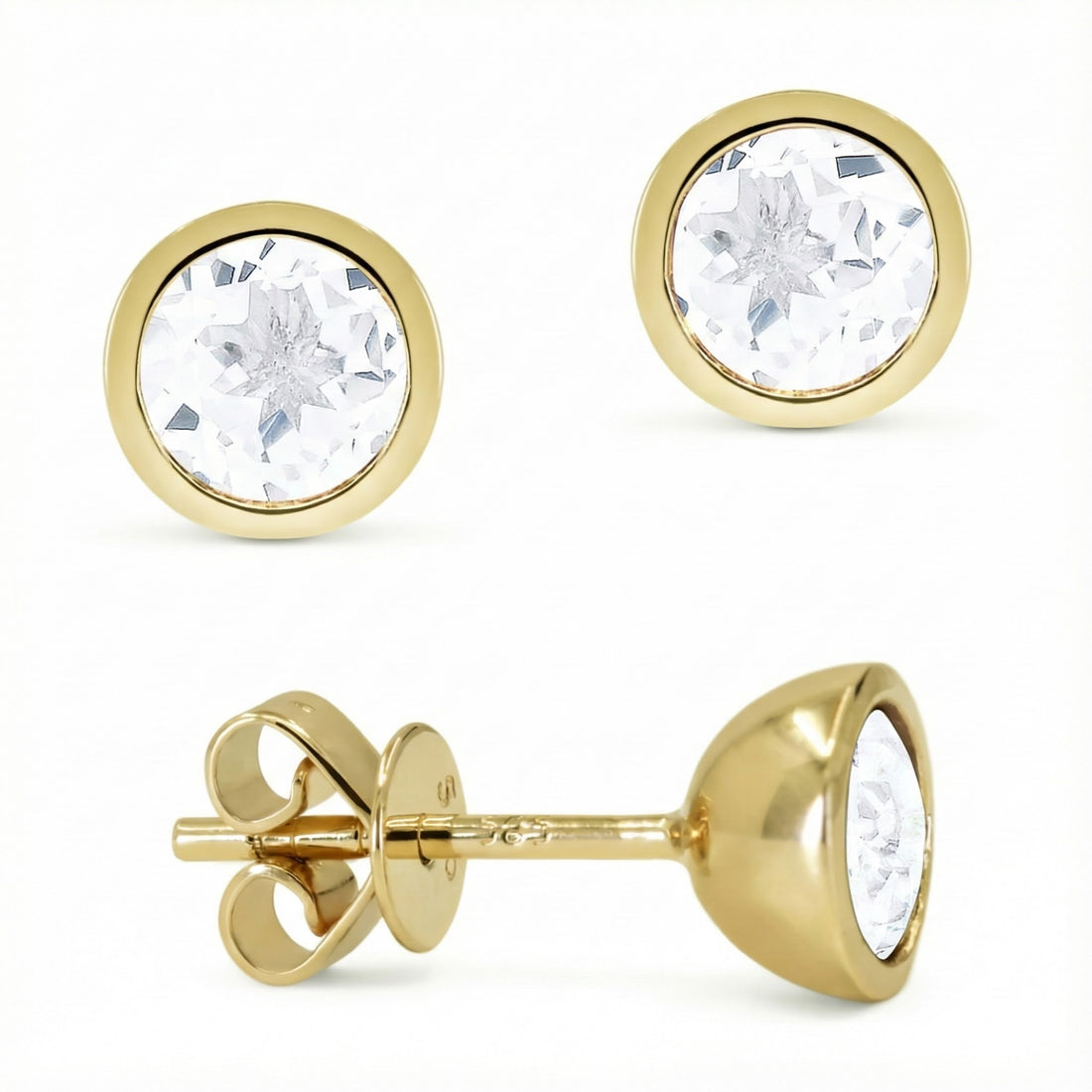 Madison L | White Topaz Bezel Stud Earrings | 14K Yellow Gold | Round Gemstone Studs | Classic Design - Brownee Jewelers