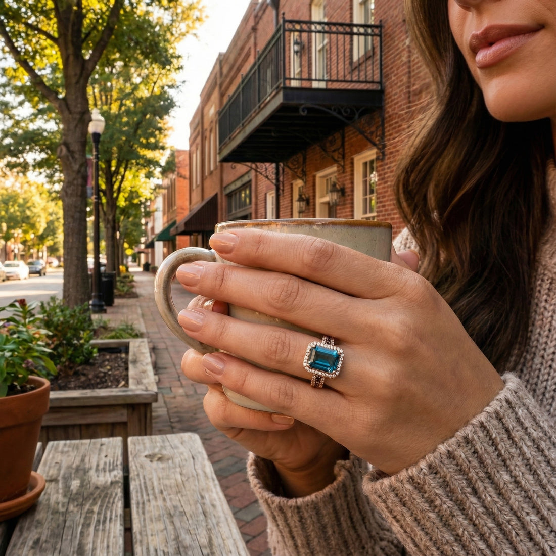 Blue Topaz & Diamond Halo Ring | 14K Rose Gold | Emerald-Cut Center | Split Shank - Brownee Jewelers