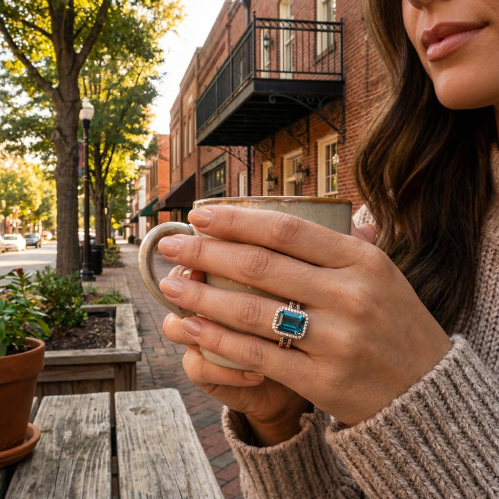 Le Vian® 14K Strawberry Gold® Ring with Deep Sea Blue Topaz™, Nude Diamonds™ & Chocolate Diamonds® Bold, radiant, and unmistakably luxurious, this Le Vian® ring showcases a breathtaking 3 1/2 ct. Deep Sea Blue Topaz™ in a dramatic emerald-cut silhouette