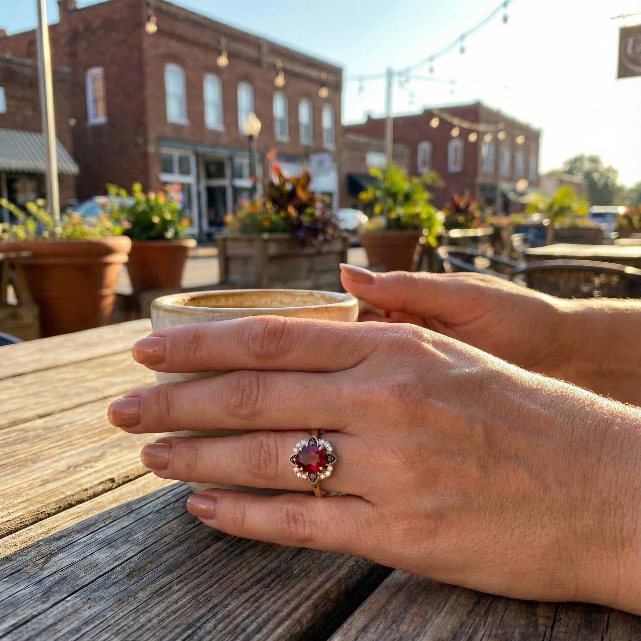 Le Vian® 14K Honey Gold™ Raspberry Rhodolite® Ring with Nude & Chocolate Diamonds® (1.48ctw) This stunning Le Vian® ring features a bold 1 1/3 ct. Raspberry Rhodolite® center—rich, vibrant, and full of luxurious berry-red brilliance