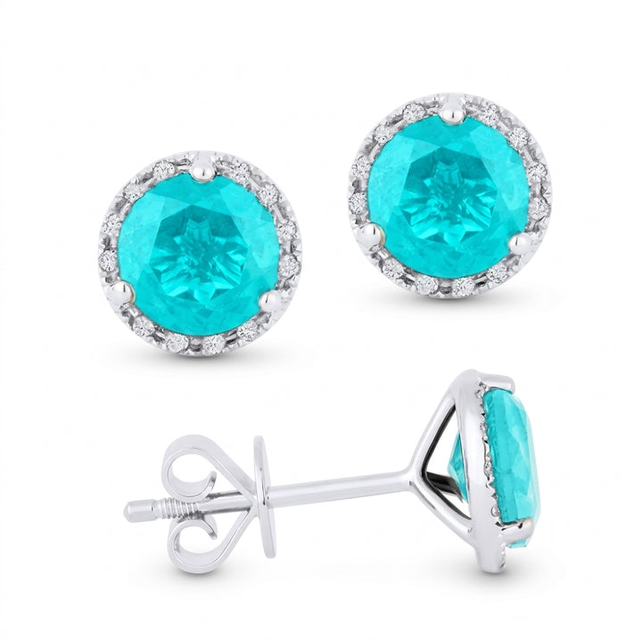 14KT WHITE GOLD CREATED PARAIBA TOURMALINE STUD EARRINGS WITH A DIAMOND HALO - Brownee Jewelers