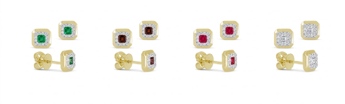 14KT YELLOW GOLD ASCHER CUT EMERALD SQUARE DIAMOND HALO STUD EARRINGS