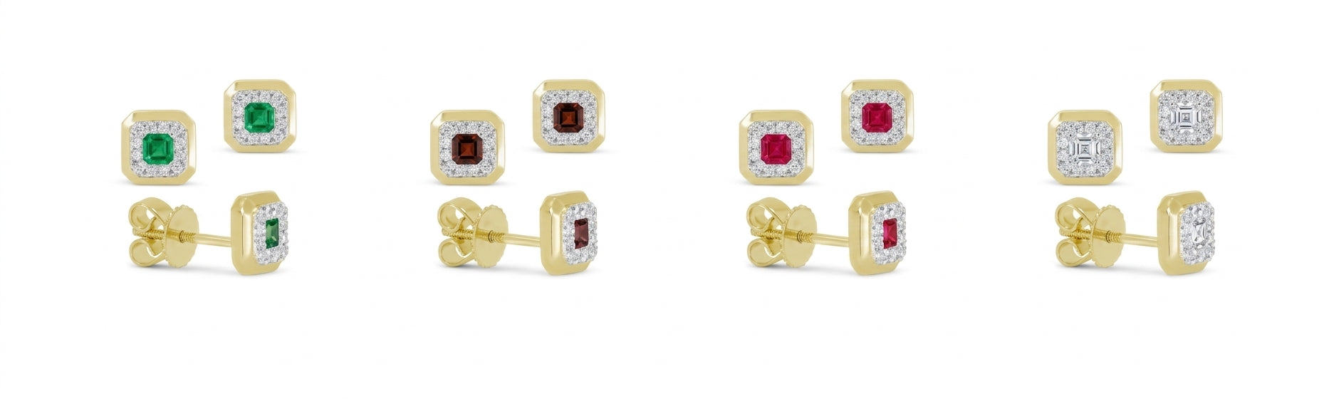14KT YELLOW GOLD ASCHER CUT SAPPHIRES IN A SQUARE DIAMOND HALO STUD EARRINGS | E1831SAY - Brownee Jewelers