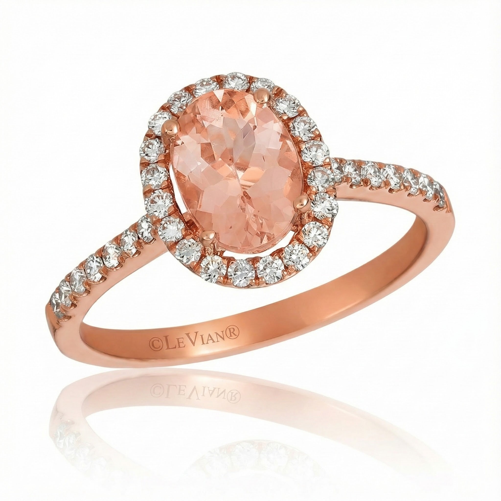 Le Vian® 14K Strawberry Gold® Peach Morganite & Vanilla Diamond Halo Ring This romantic Le Vian® bridal design features a soft, luminous 7/8 ct. Peach Morganite® in an elegant oval cut, wrapped in a sparkling halo of 1/3 ct. Vanilla Diamonds®