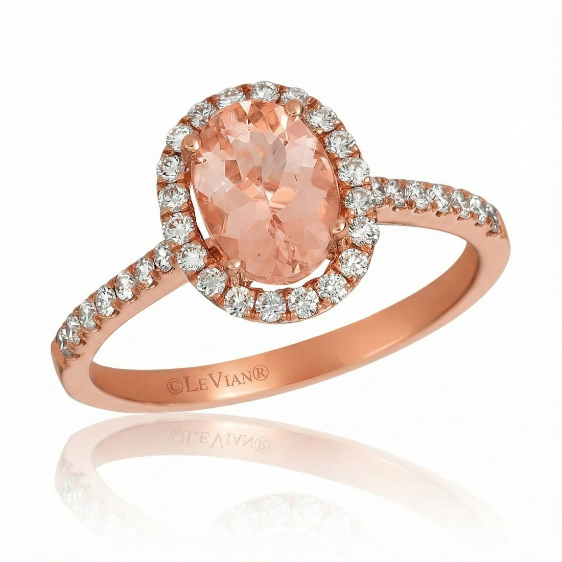 Le Vian® 14K Strawberry Gold® Peach Morganite & Vanilla Diamond Halo Ring This romantic Le Vian® bridal design features a soft, luminous 7/8 ct. Peach Morganite® in an elegant oval cut, wrapped in a sparkling halo of 1/3 ct. Vanilla Diamonds®