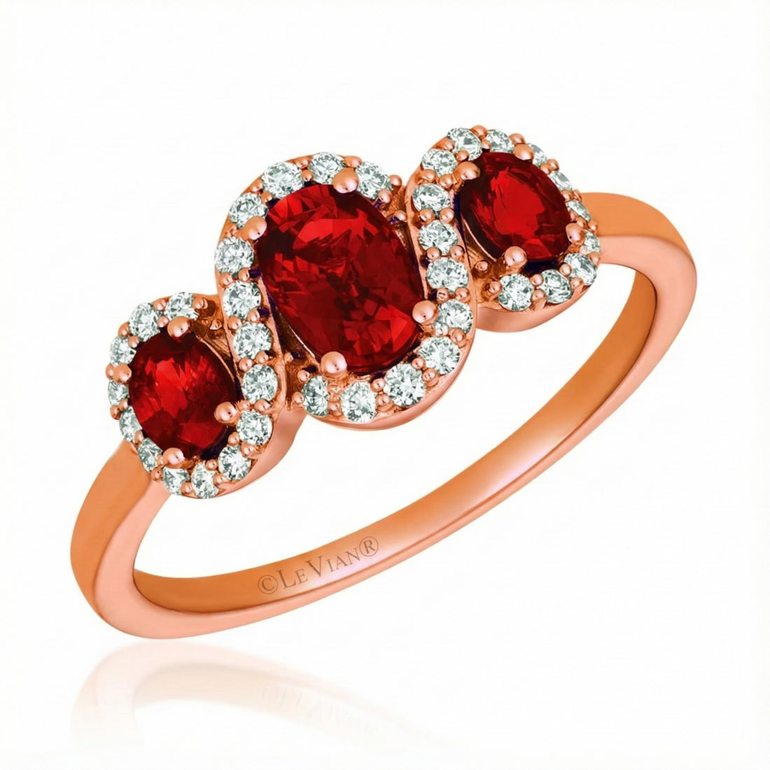 Le Vian® Passion Ruby™ & Vanilla Diamond Ring in 14K Strawberry Gold® Ignite romance with this elegant Le Vian® ring, showcasing 7/8 cts. of richly hued Passion Ruby™ gemstones framed by 1/5 ct. of sparkling Vanilla Diamonds®