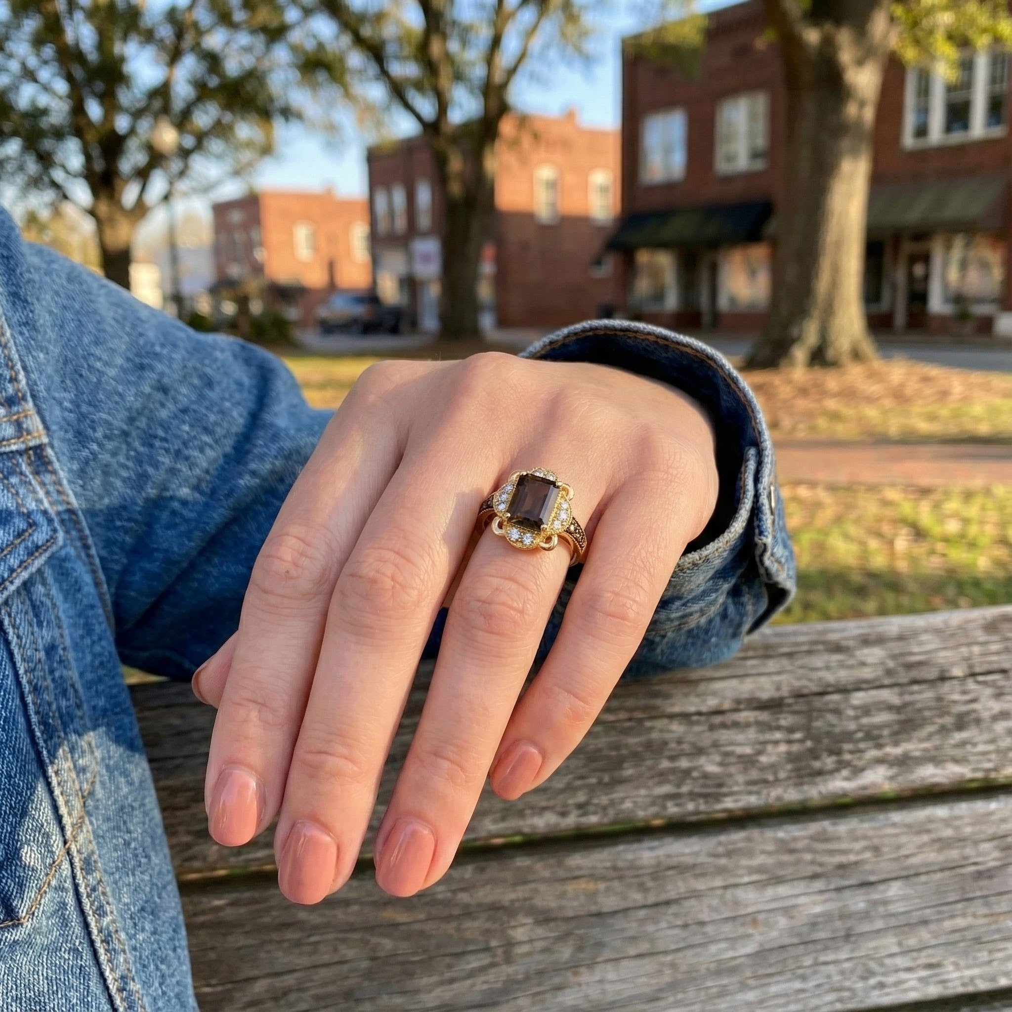 Le Vian® 14K Honey Gold™ Chocolate Quartz® & Chocolate/Nude Diamond™ Ring (1.72ctw) Rich, warm, and unmistakably Le Vian®—this gorgeous ring showcases a bold 1 1/6 ct. Chocolate Quartz® center framed by a scalloped halo of 1/5 cts. Nude Diamonds™