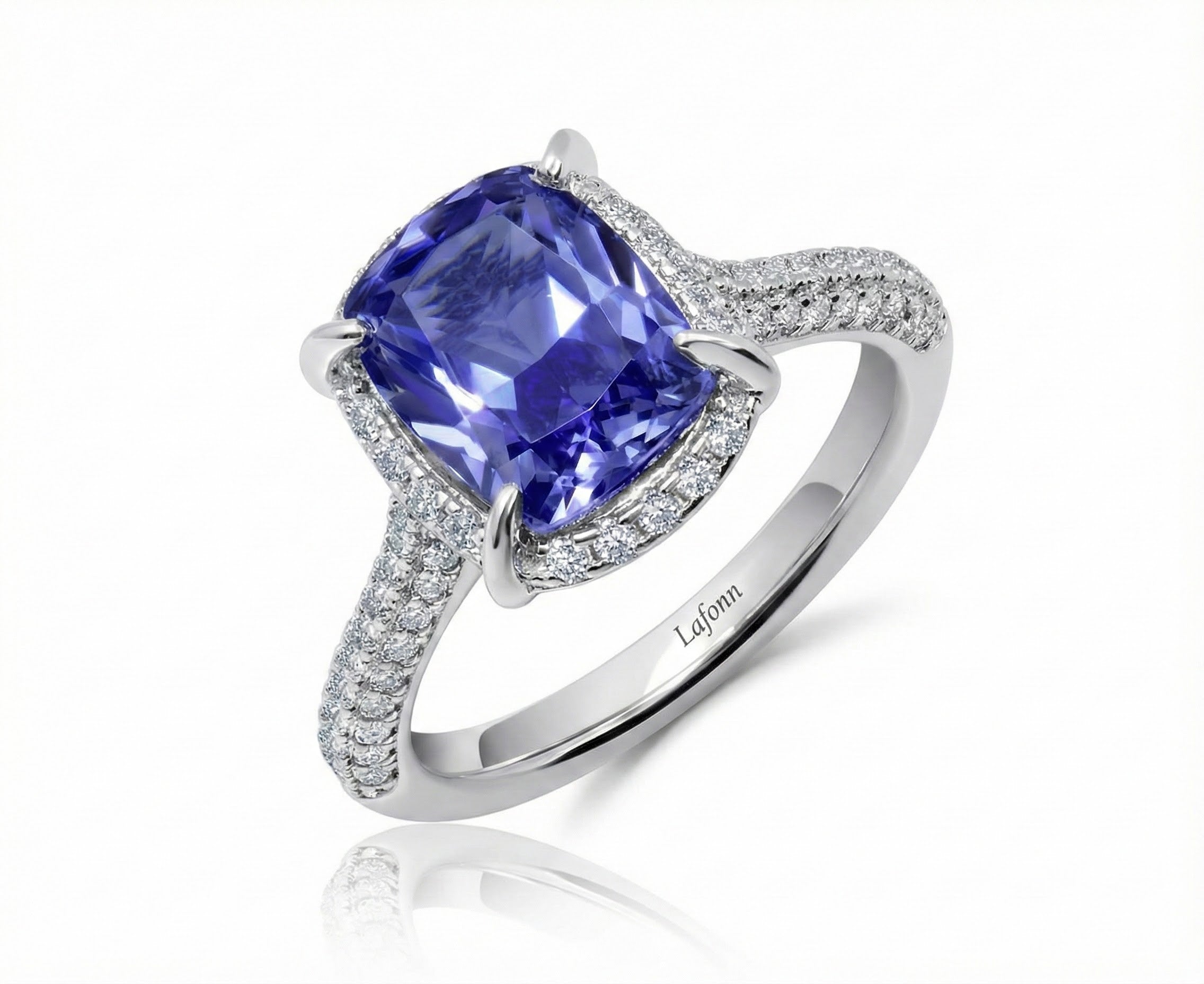 Cushion-Cut Lab-Created Tanzanite & CZ Halo Ring | Sterling Silver | Pavé Band - Brownee Jewelers