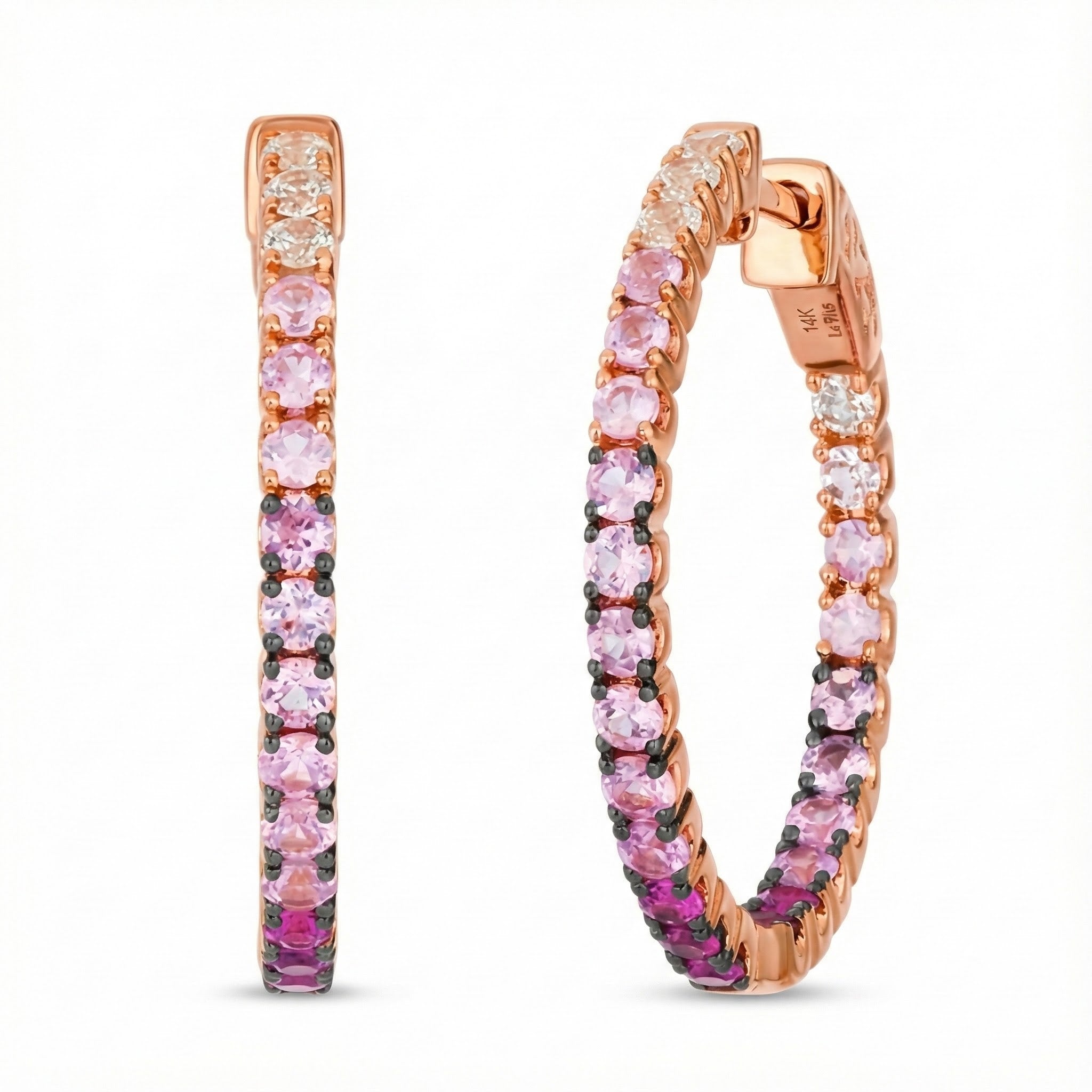 Pink & White Ombré Sapphire Hoop Earrings | 14K Rose Gold | 1.91 ctw | Graduated Color Hoops - Brownee Jewelers