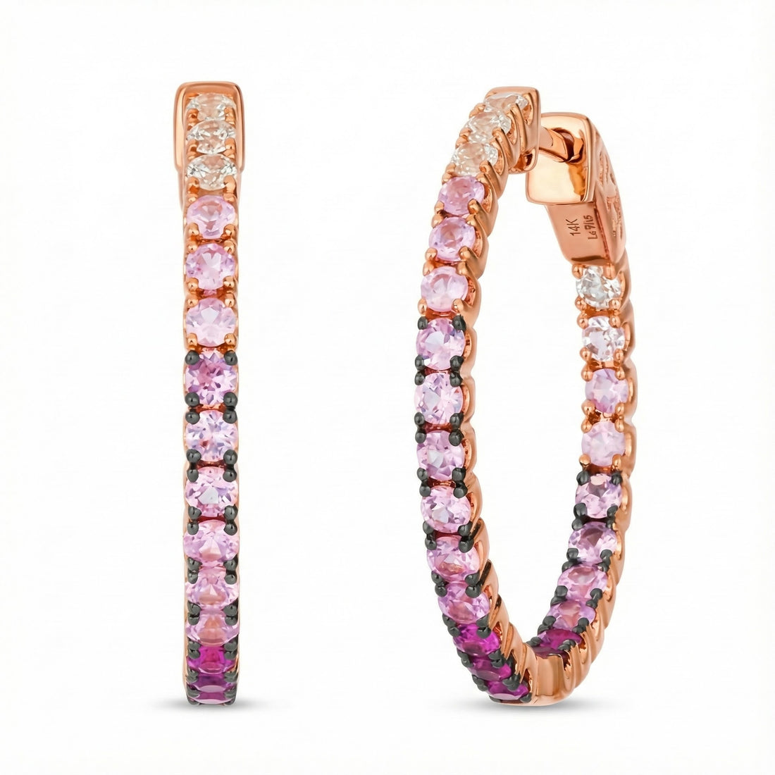 Pink & White Ombré Sapphire Hoop Earrings | 14K Rose Gold | 1.91 ctw | Graduated Color Hoops - Brownee Jewelers