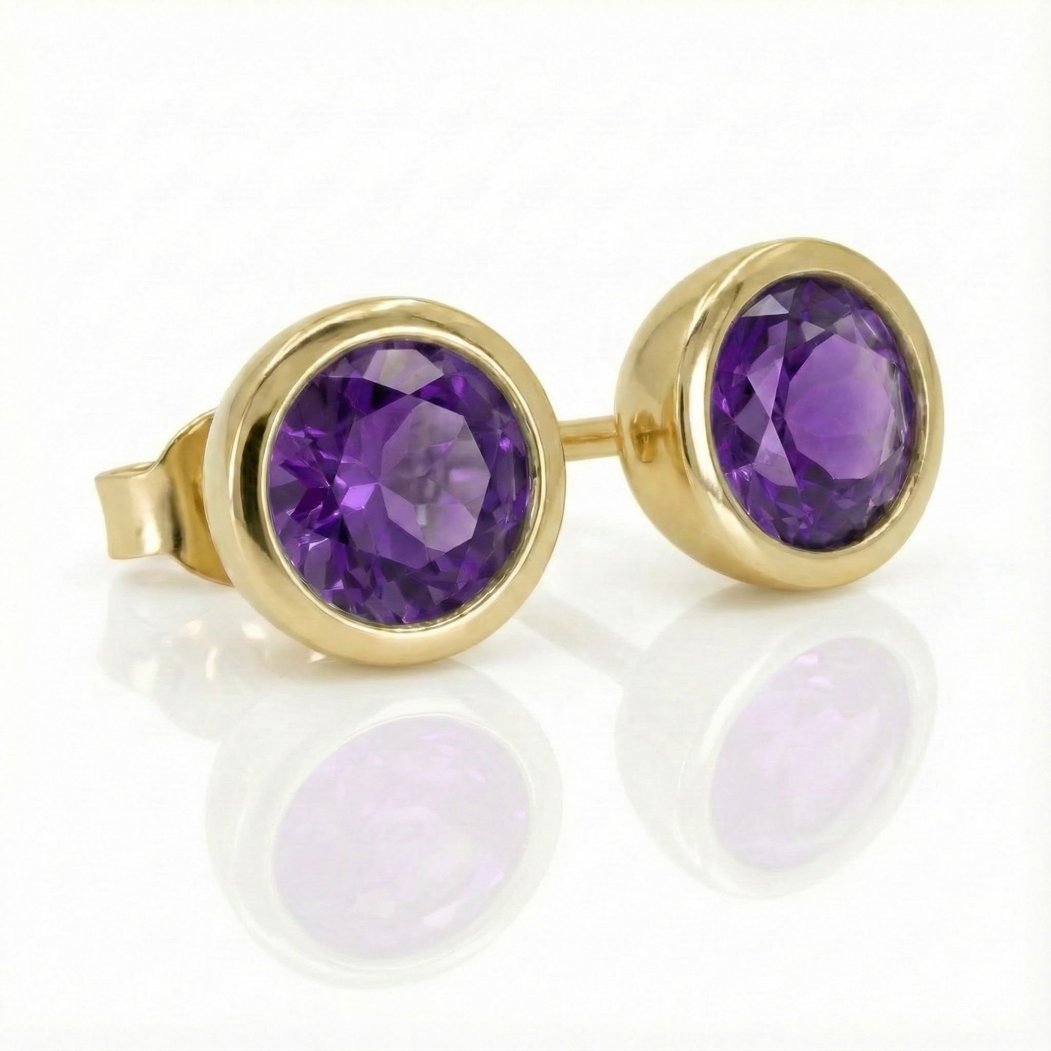Madison L | Amethyst Stud Earrings | 14K Yellow Gold | Bezel-Set Round Gemstone Studs - Brownee Jewelers