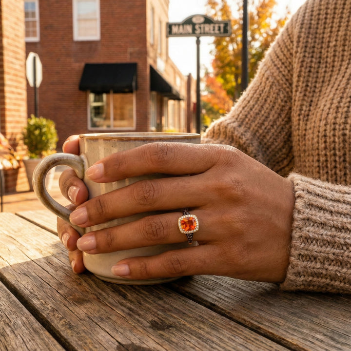 Orange Opal & Diamond Halo Ring | 14K Yellow Gold | Chocolate & Vanilla Diamonds | 0.74 ctw - Brownee Jewelers