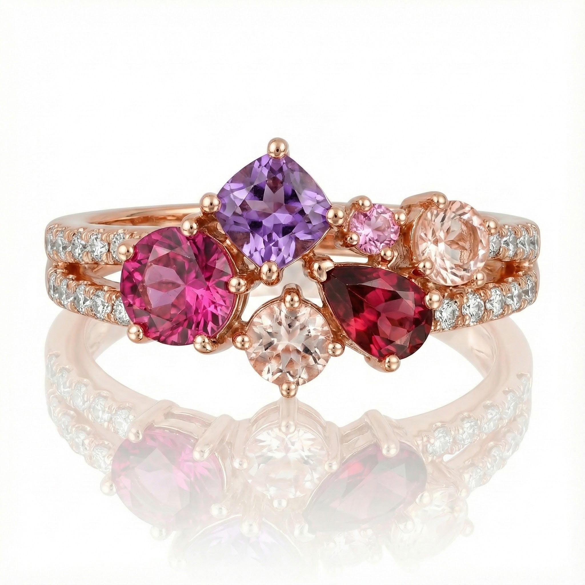 Multi-Gemstone Band Ring | 14K Rose Gold | 1.13 ctw Tourmaline, Amethyst, Morganite & Sapphire | 0.20 ctw Diamonds - Brownee Jewelers