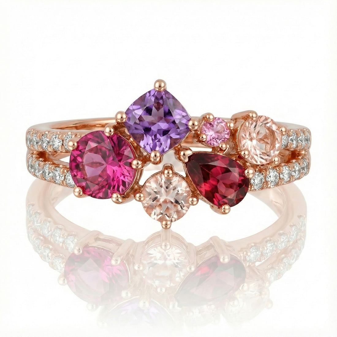 Multi-Gemstone Band Ring | 14K Rose Gold | 1.13 ctw Tourmaline, Amethyst, Morganite & Sapphire | 0.20 ctw Diamonds - Brownee Jewelers