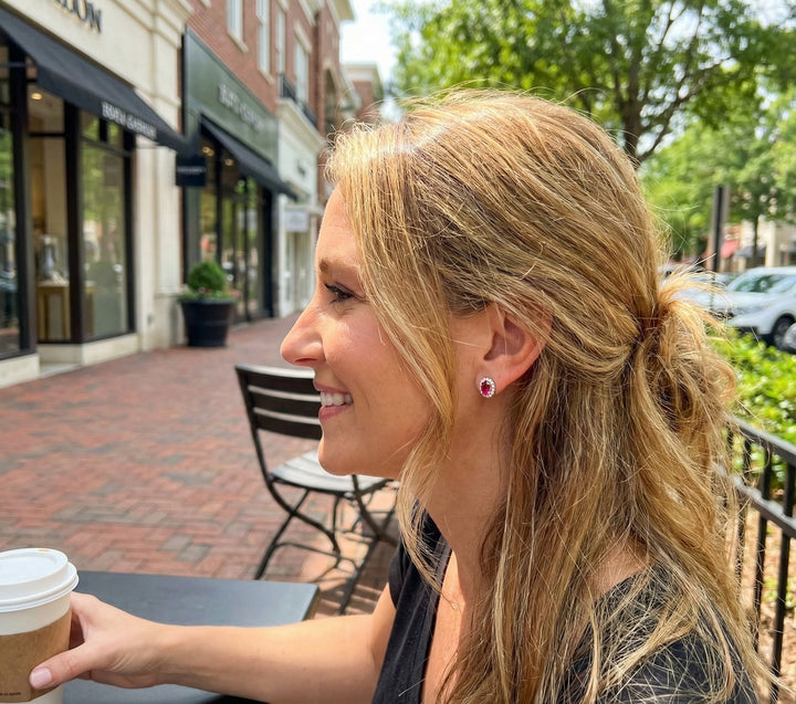 Pink Tourmaline & Diamond Halo Stud Earrings, 0.13 ctw | 10K White Gold | - Brownee Jewelers