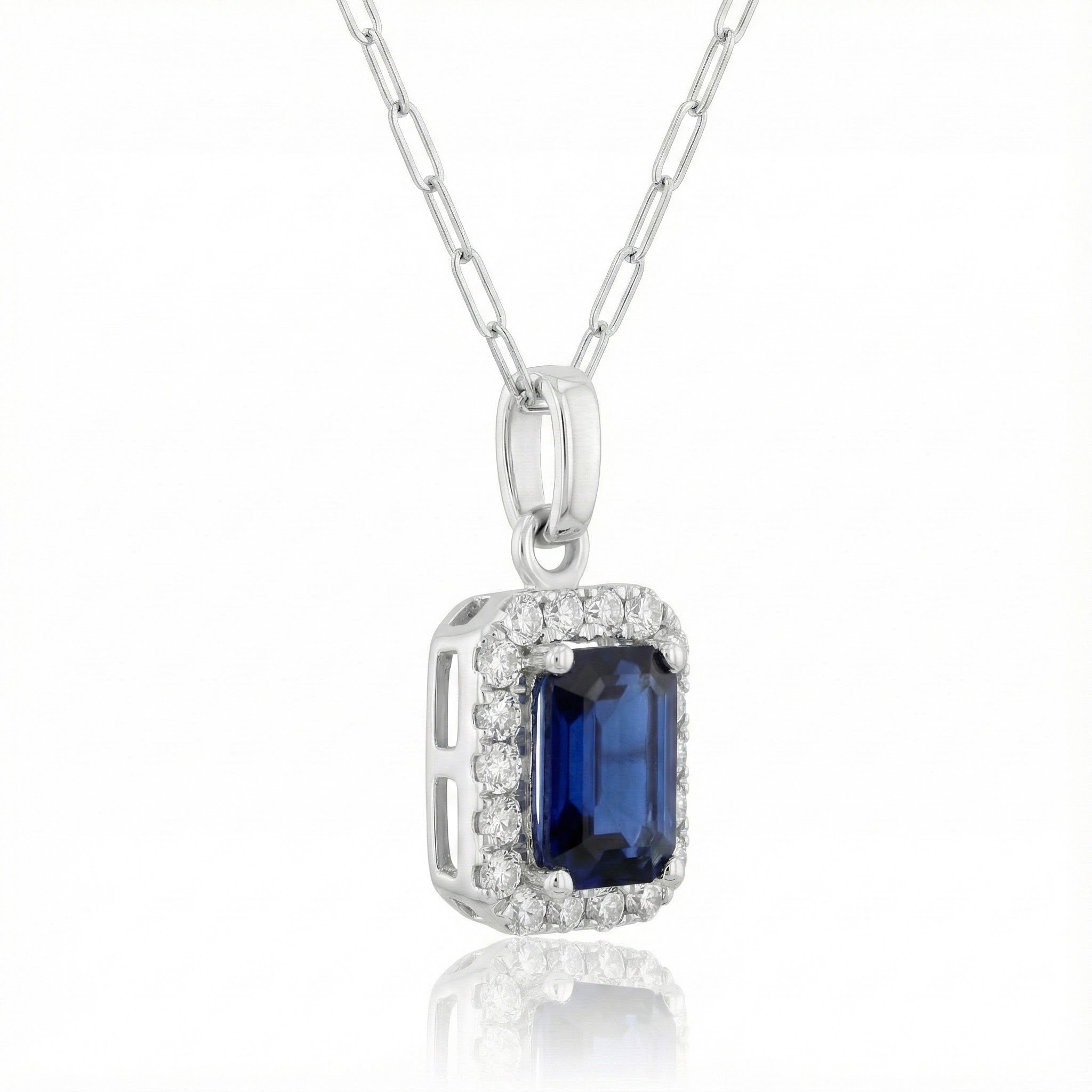 Sapphire & Diamond Halo Pendant | 14K White Gold | 0.15 ctw - Brownee Jewelers