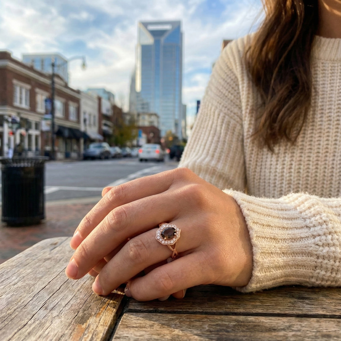 Le Vian® 14K Strawberry Gold® Ring with Chocolate Quartz® & Nude Diamonds™ Warm, elegant, and beautifully detailed, this Le Vian® ring showcases a rich 3/8 ct. Chocolate Quartz® framed by a sparkling halo of 1/5 cts. Nude Diamonds™