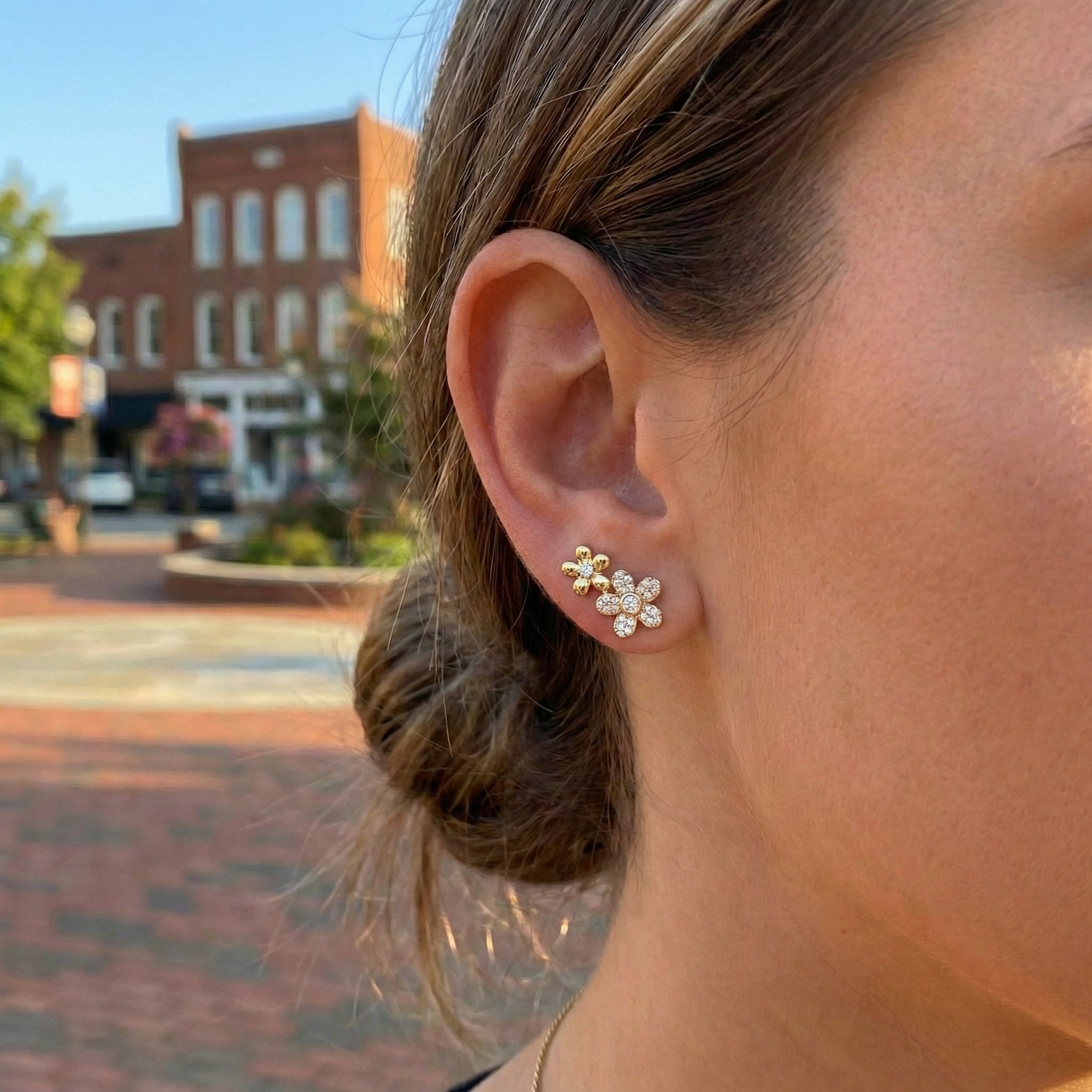 Diamond Bezel Flower Stud Earrings | 14K Yellow Gold | 0.16 ctw | Floral Studs - Brownee Jewelers