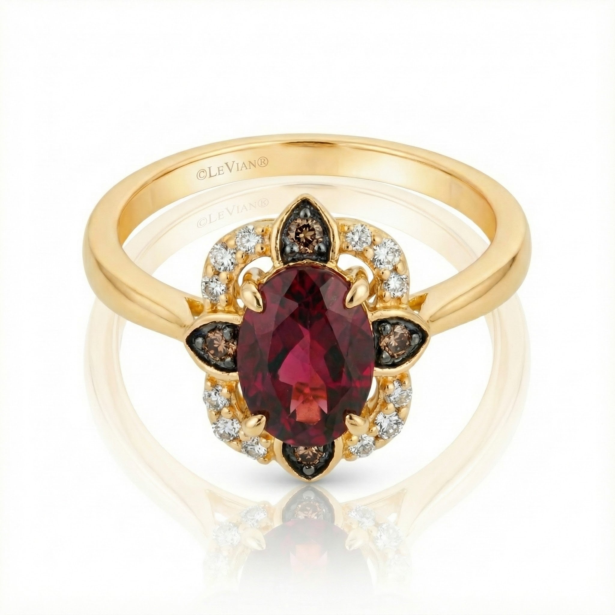 Le Vian® 14K Honey Gold™ Raspberry Rhodolite® Ring with Nude & Chocolate Diamonds® (1.48ctw) This stunning Le Vian® ring features a bold 1 1/3 ct. Raspberry Rhodolite® center—rich, vibrant, and full of luxurious berry-red brilliance