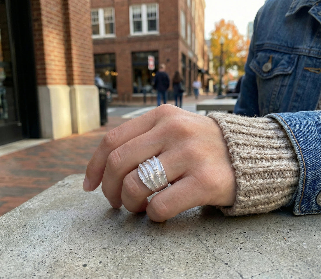 Pavé Diamond Wave Band | 14K White Gold | Wide Multi-Row Ring | Diamond Fashion Band - Brownee Jewelers
