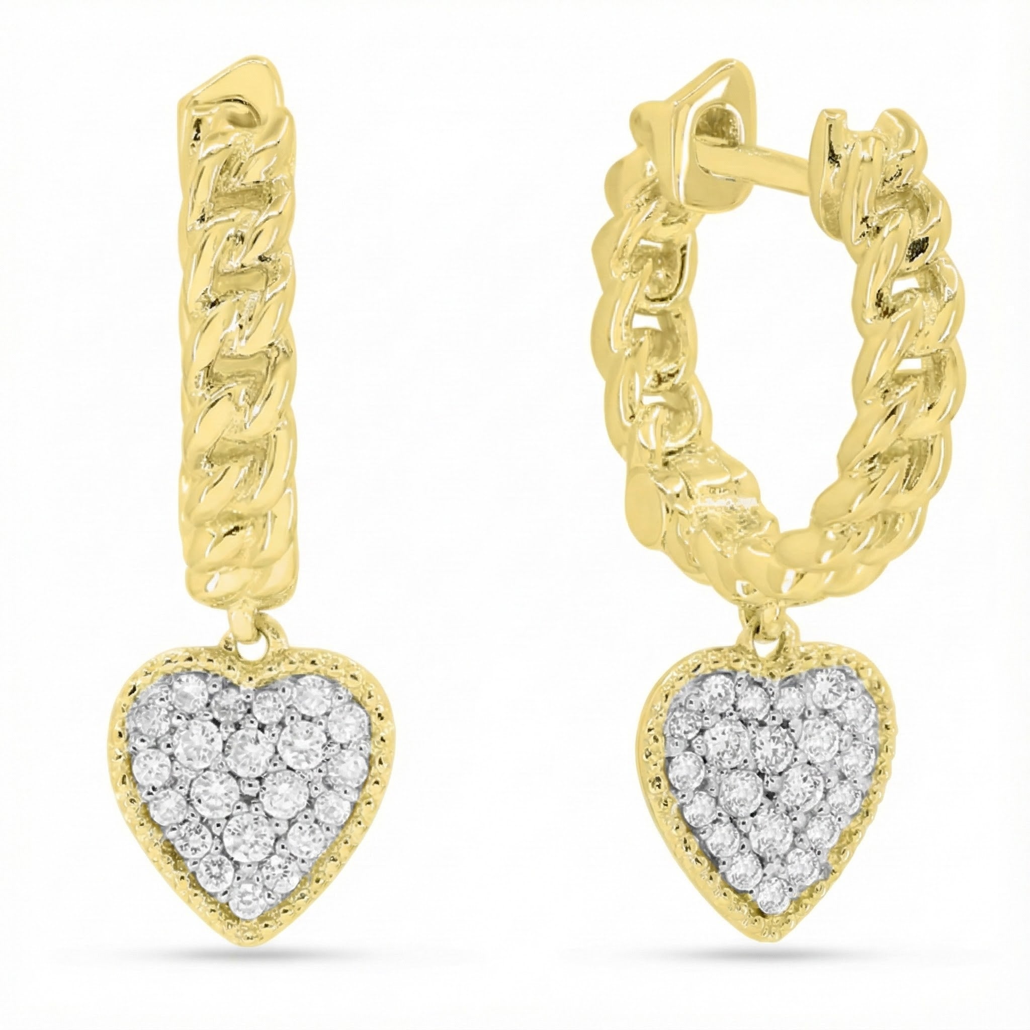 Madison L | Diamond Heart Drop Hoop Earrings | 14K Yellow Gold | Pavé Heart Charm Hoops - Brownee Jewelers