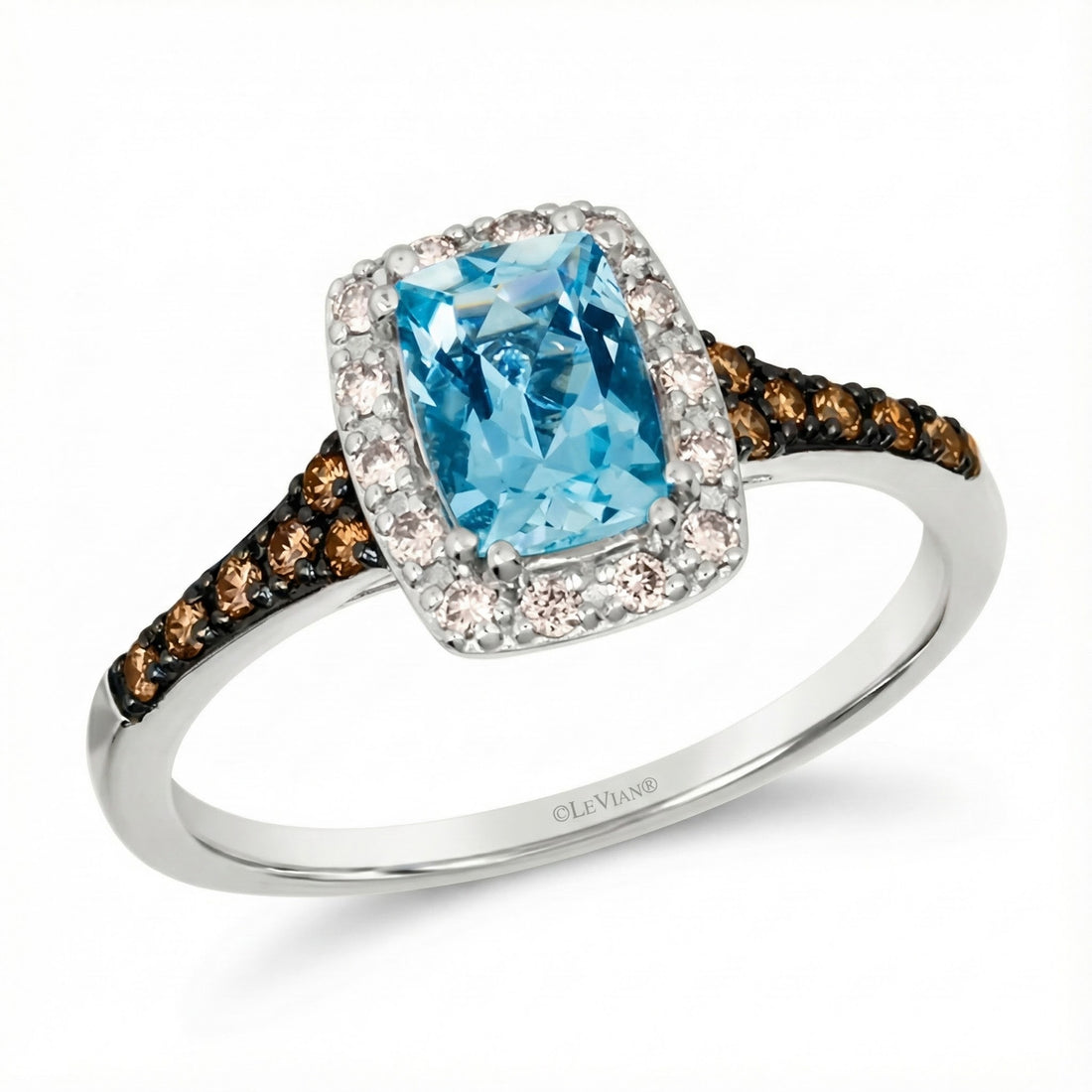 Cushion Aquamarine & Diamond Halo Ring | 14K White Gold | Chocolate Diamond Accents - Brownee Jewelers