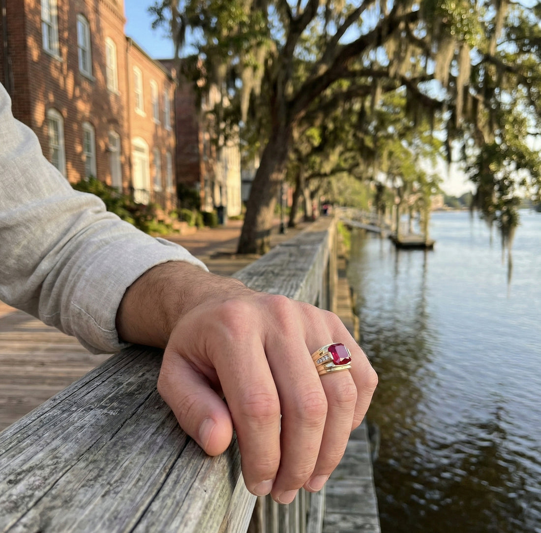 10K Yellow Gold Cushion-Cut Ruby & Diamond Gentlemen’s Ring – Size 10