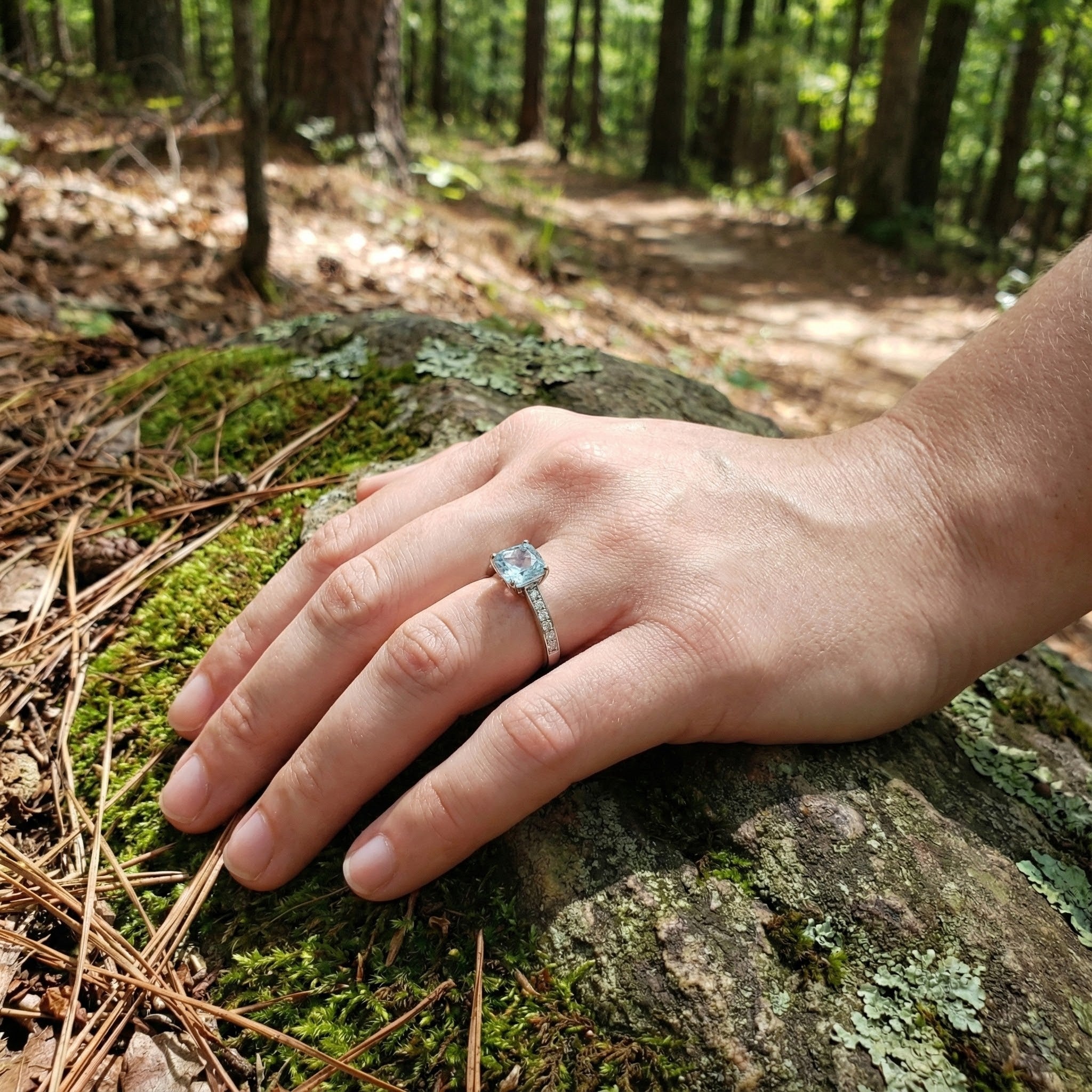 Madison L | Cushion Blue Topaz & Diamond Ring | 14K White Gold | Cushion Cut Center | Diamond Accents - Brownee Jewelers
