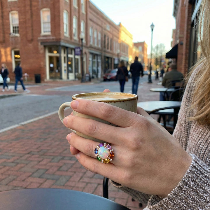 Le Vian® 14K Strawberry Gold® Ring with Neopolitan Opal®, Sapphire, Garnet, Amethyst, Tsavorite™ & Nude Diamonds™ A true celebration of color, this dazzling Le Vian® masterpiece features a luminous 1 7/8 ct. Neopolitan Opal® as its glowing centerpiece