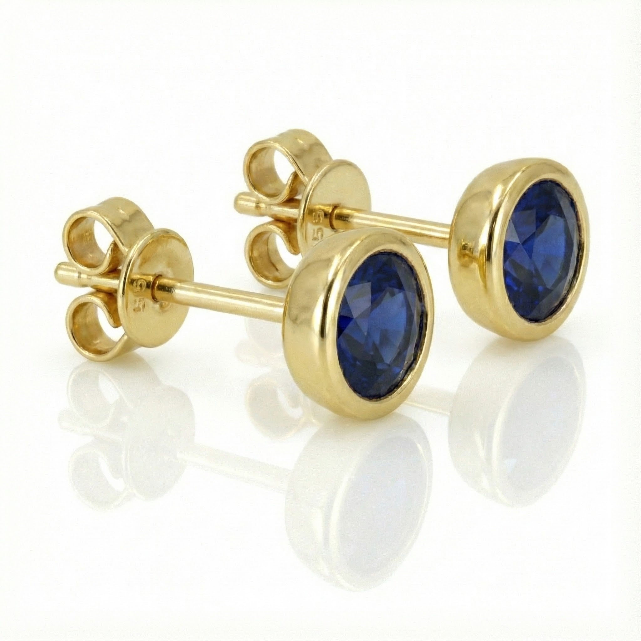 Madison L | Blue Sapphire Bezel Stud Earrings | 14K Yellow Gold | Round Gemstone Studs - Brownee Jewelers