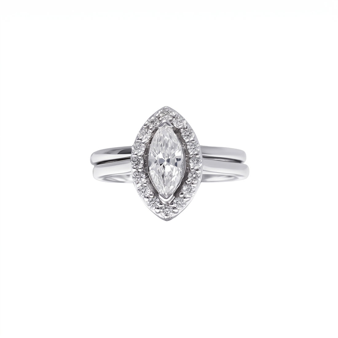 0.6 Carat Center Marquise Diamond Halo Engagement Ring with Matching Polished Wedding Band all in 14K White Gold