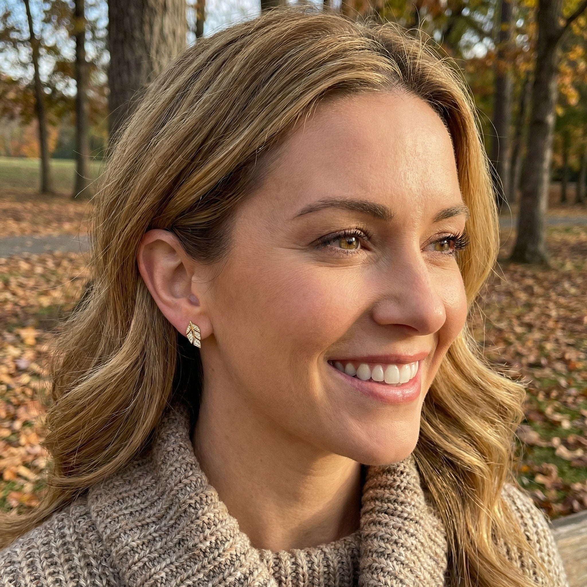 Diamond Pavé Leaf Stud Earrings | 14K Yellow Gold | Nature-Inspired Studs - Brownee Jewelers