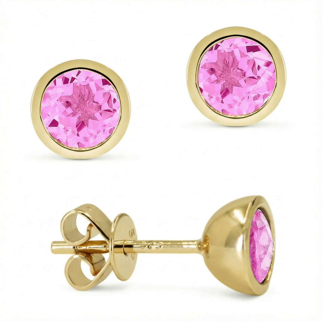 Madison L | Pink Topaz Bezel Stud Earrings | 14K Yellow Gold | Round Gemstone Studs - Brownee Jewelers