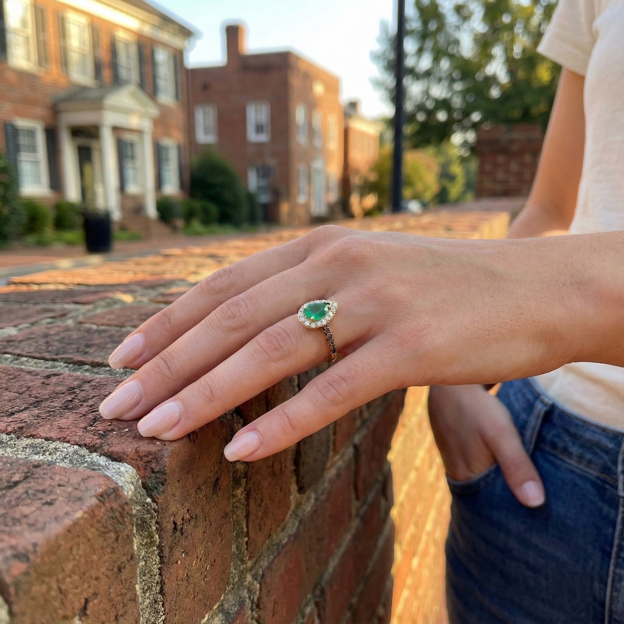 Le Vian® 14K Honey Gold™ Costa Smeralda Emerald™ Ring with Nude & Chocolate Diamonds® (0.95ctw) This captivating Le Vian® ring highlights a vivid 1/2 ct. Costa Smeralda Emerald™—a lush, vibrant green that takes center stage