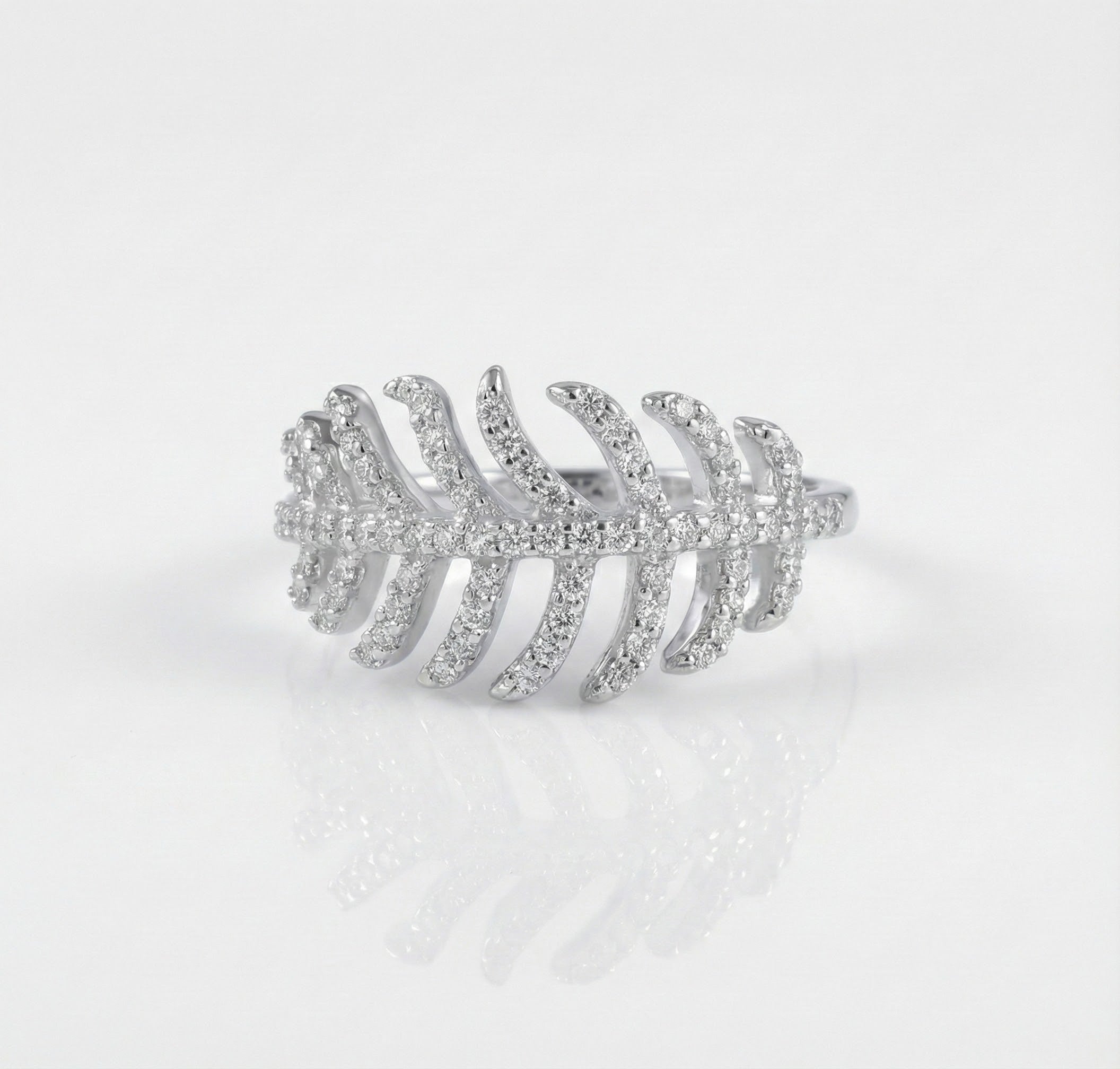 CZ Feather Ring | Sterling Silver | Pavé Cubic Zirconia | Statement Band - Brownee Jewelers