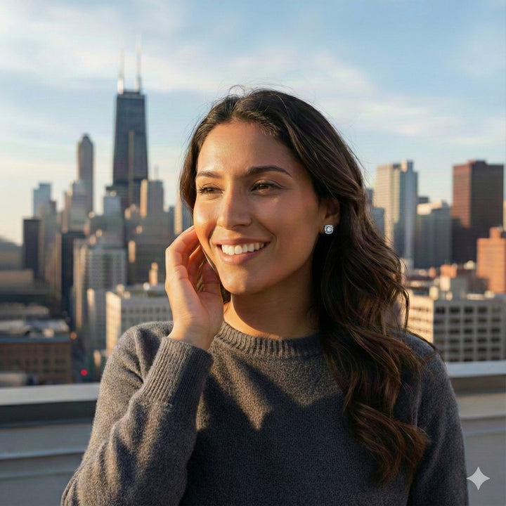 These 1.52 CTW Halo Stud Earrings feature Lafonn Lassaire simulated diamonds, showcasing a cushion-cut center framed by a halo of round stones for added brilliance and dimension.