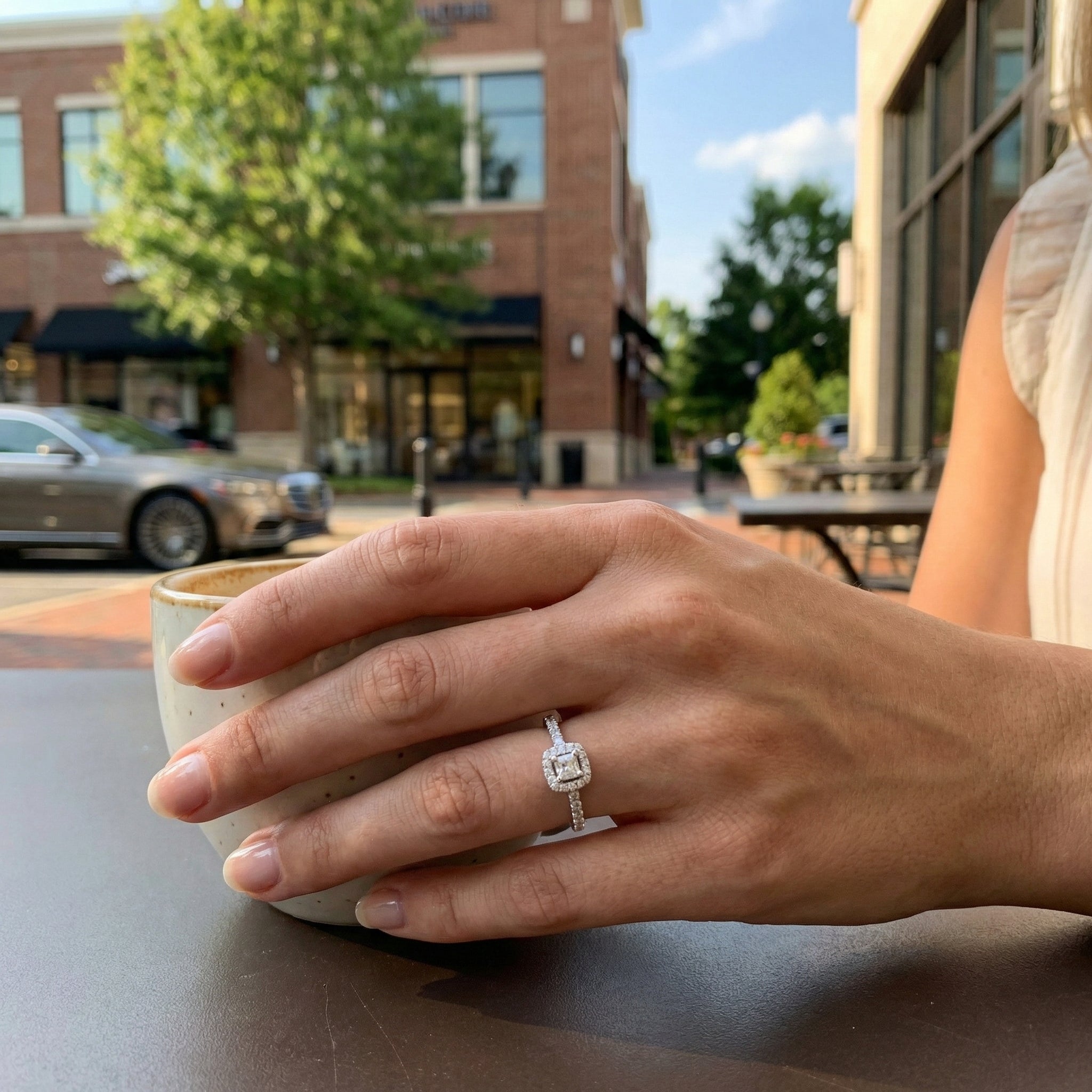 Round Diamond Halo Ring | 0.10 ct | 10K White Gold | Pavé Accent Diamond Ring - Brownee Jewelers