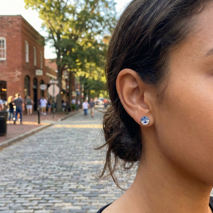 Blue Sapphire & Diamond Pavé Disc Stud Earrings