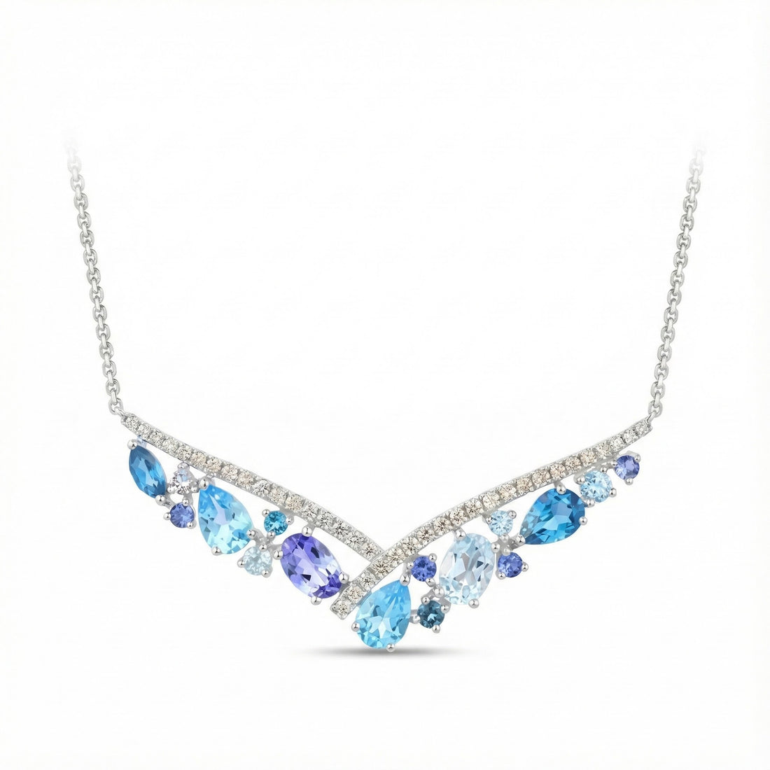 Multi-Gemstone V Necklace | 14K White Gold | Diamond & Blue Topaz, Tanzanite, Sapphire | 2.78 ctw - Brownee Jewelers