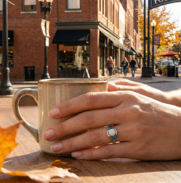 Le Vian Chocolatier® 14K Vanilla Gold® Ring with Neopolitan Opal®, Deep Sea Blue Topaz™, Chocolate Diamonds® & Vanilla Diamonds® This captivating Le Vian Chocolatier® ring pairs soft, glowing color with rich contrast in a beautifully balanced three-stone design