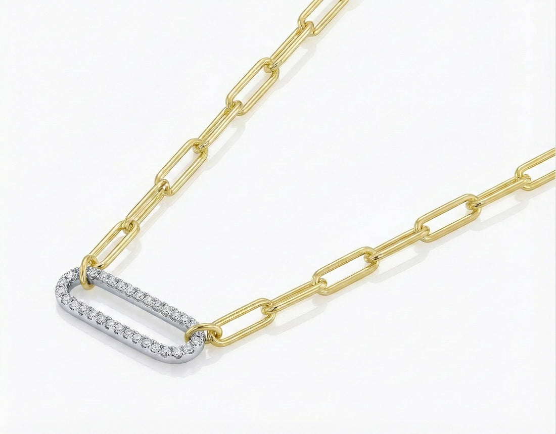 CZ Paperclip Link Necklace | Sterling Silver & Gold Tone | 20" - Brownee Jewelers