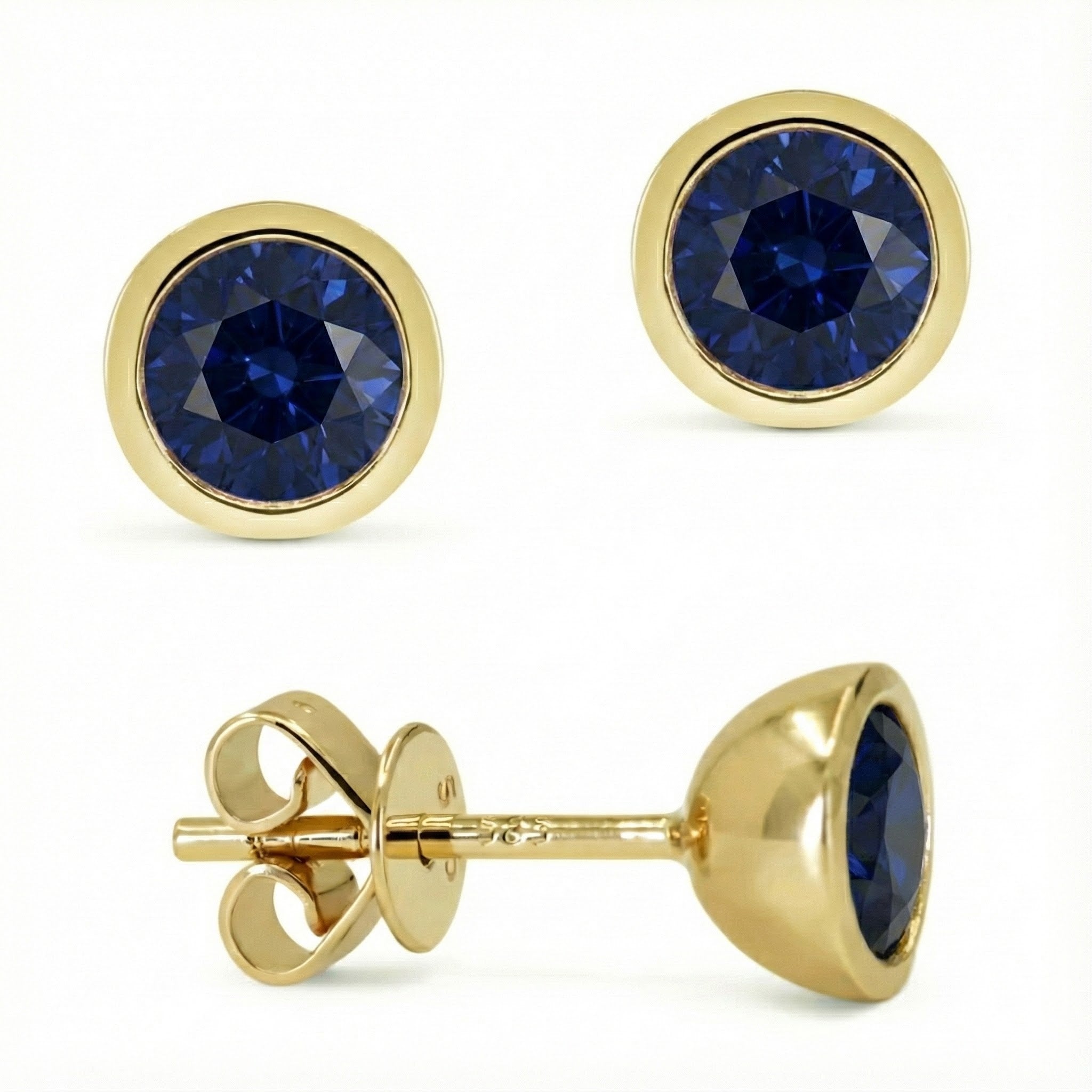 Madison L | Blue Sapphire Bezel Stud Earrings | 14K Yellow Gold | Round Gemstone Studs - Brownee Jewelers
