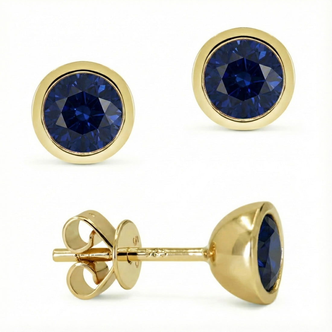 Madison L | Blue Sapphire Bezel Stud Earrings | 14K Yellow Gold | Round Gemstone Studs - Brownee Jewelers