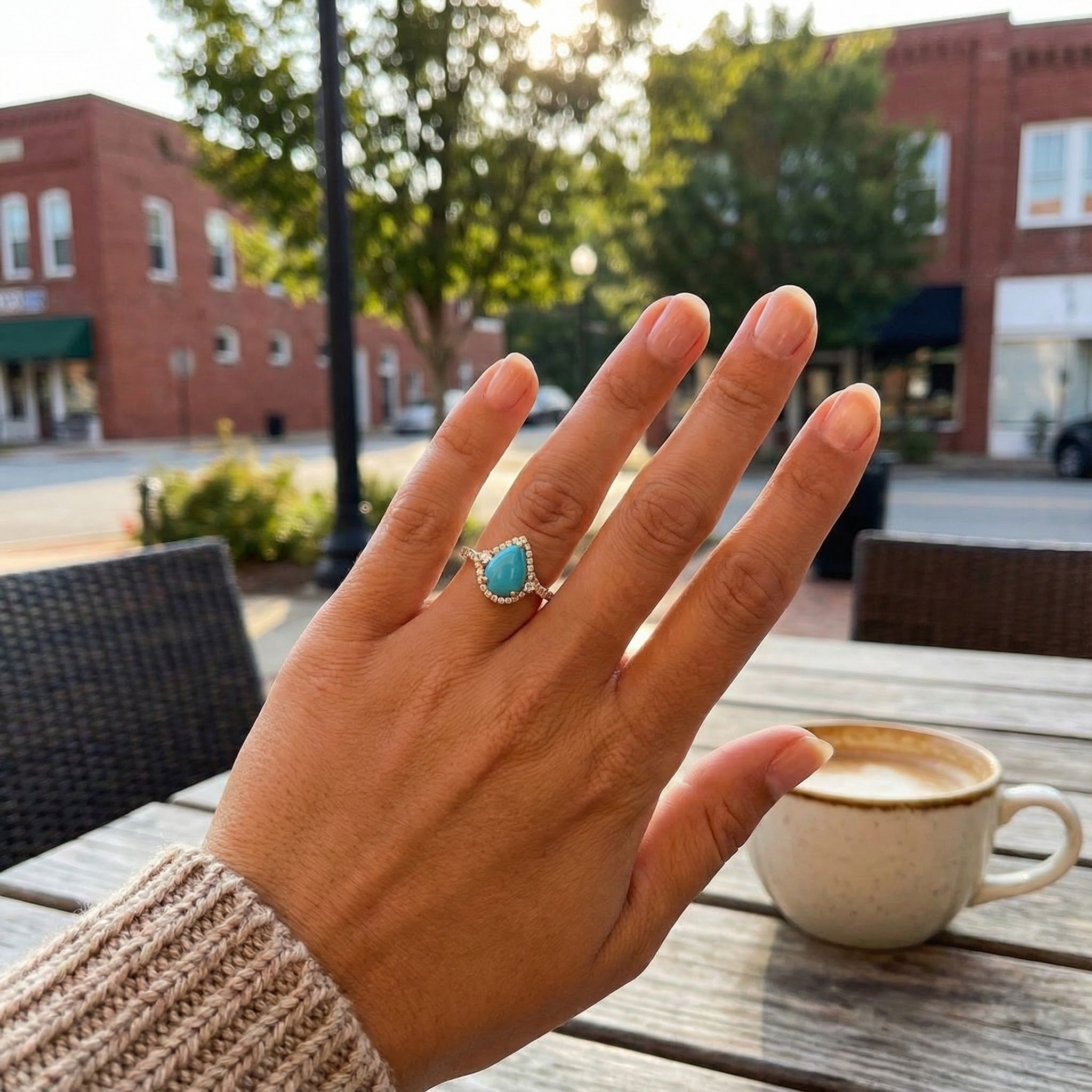 Pear-Shaped Turquoise & Diamond Halo Ring | 14K Yellow Gold | 3.82 ctw | Signature Halo - Brownee Jewelers
