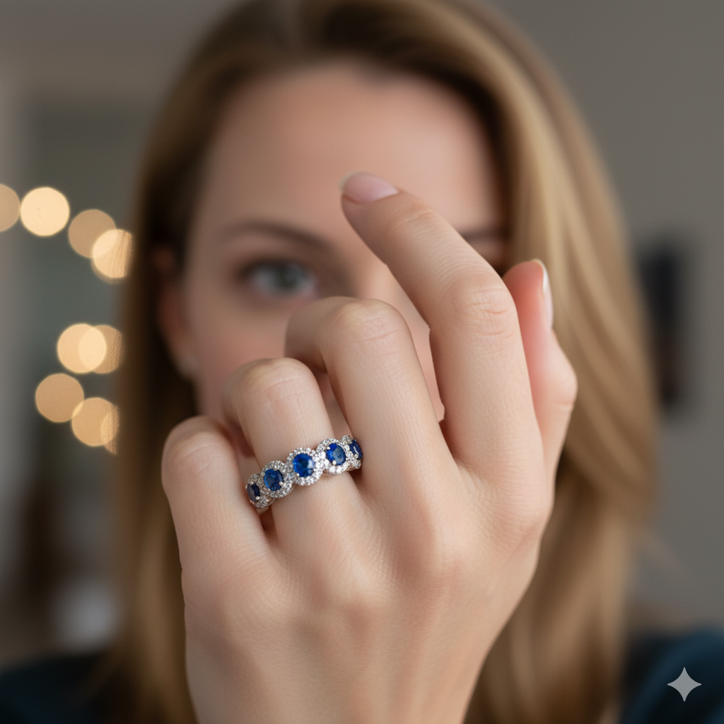 14K White Gold 1.01ct Sapphire & .42ct Diamond Five-Stone Ring