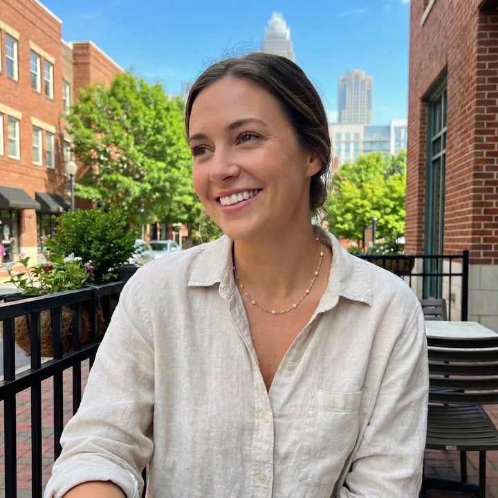 Cultured Pearl Sparkle Chain Necklace | 14K Yellow Gold | Station Pearl Necklace - Brownee Jewelers