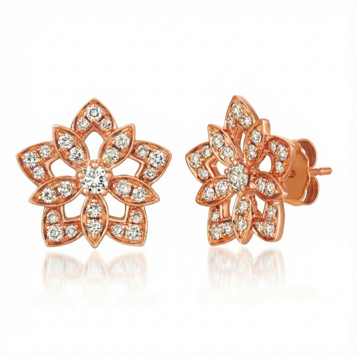 Le Vian® Nude Diamonds™ Floral Earrings – 14K Rose Gold Radiant and romantic, these exquisite Le Vian Nude Diamonds™ earrings feature an elegant floral design illuminated by a dazzling array of round white diamonds